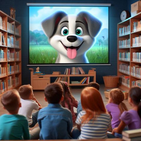 AI image of children watching a dog on a movie screen in a library.