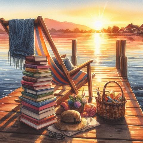 Ai image of books on a pier at sunrise near a lake