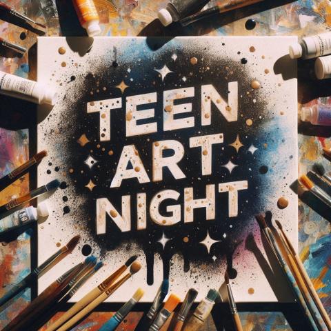 AI image of the words Teen Art Night on a canvas with art supplies around it