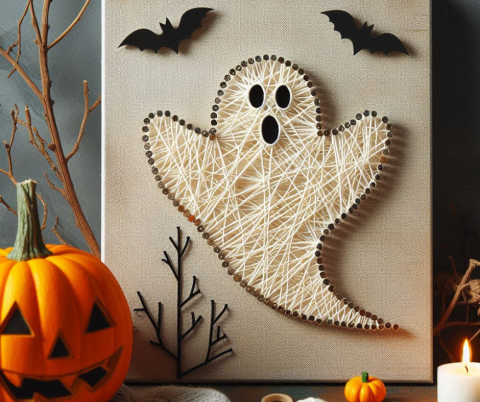 Simple Halloween Ghost themed string art on canvas with nails