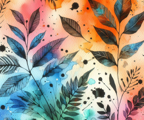 bright Watercolor painted paper with black leaf prints on top 