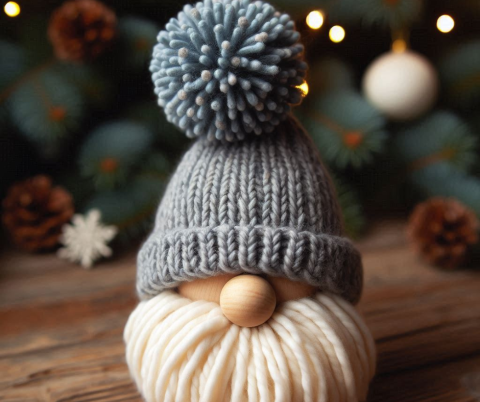 Gnome head ornament with NO FACE made from yarn where all you see is the pom pom topped beanie hat, a wooden bead nose, and the beard