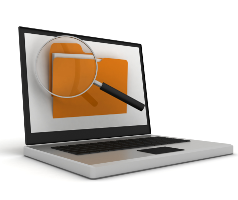 Illustration of a laptop with an orange folder and a magnifying glass on the screen.