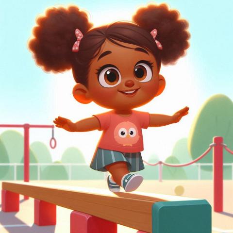 AI image of a preschool age girl walking on a balance beam.