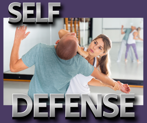 A woman and a man in a self defense class on a purple background with the words Self Defense in big letters.