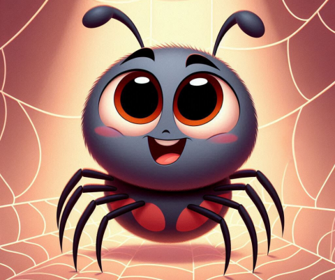 Cute cartoon spider in its web.