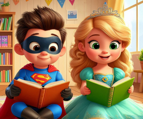 A preschool age boy dressed as a superhero and a preschool age girl dressed as a princess reading books AI Image