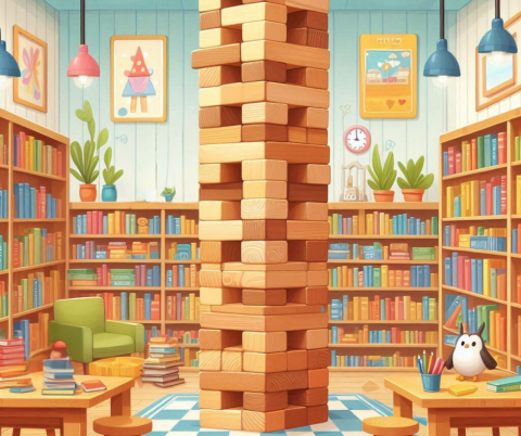 Jenga tower in a library, ai illustration