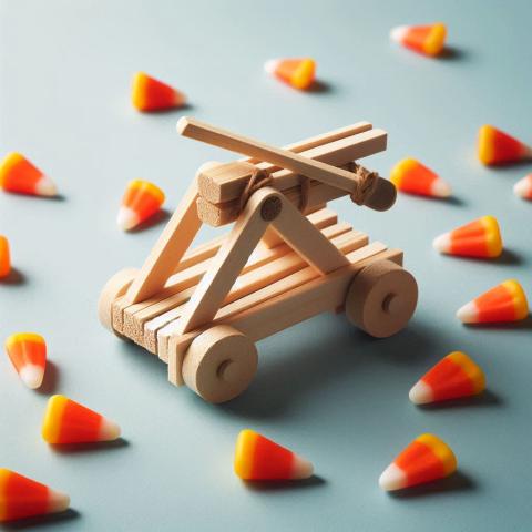 AI Generated Small wooden catapult surrounded by Candy Corn