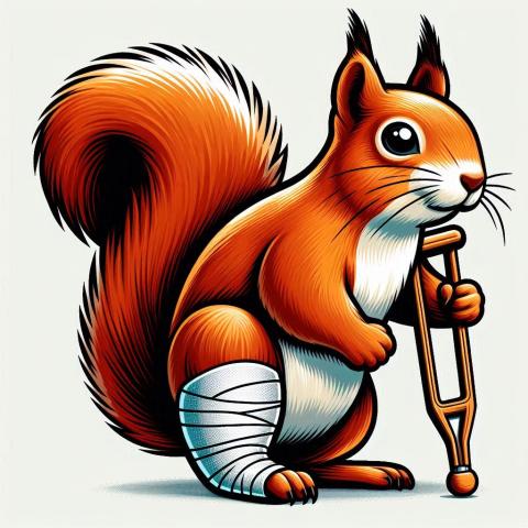 AI generated image of a Squirrel using a crutch with a wrapped up leg.