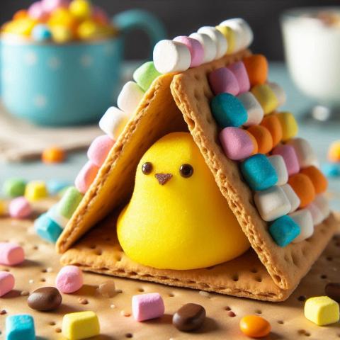 AI generated Marshmallow peep in a graham cracker house.