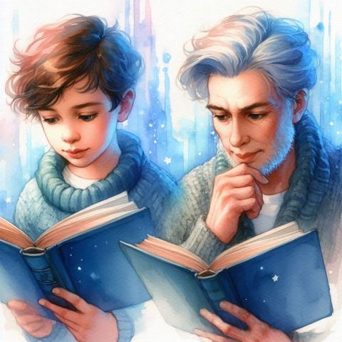 Young boy and the older version of himself reading the same book.