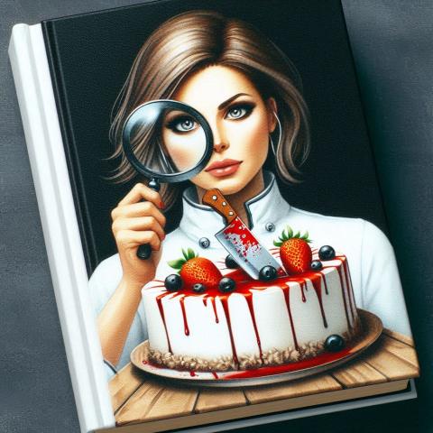 Modern Woman on the cover of a book dressed as a chef holding a magnifying glass looking at a bloody knife stuck in a cake AI image