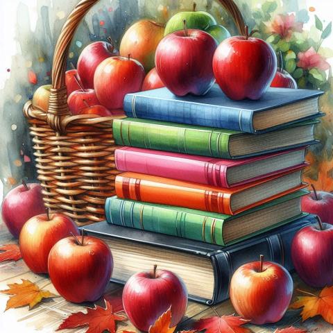 Ai generated image of a stack of brightly colored books in front of a basket of apples in a pile of leaves, watercolor