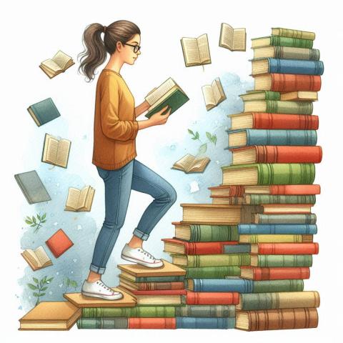 AI image of a Middle aged Woman with brown hair reading a book walking up stairs made out of books, watercolor