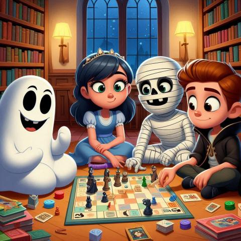 Kids in Halloween costumes playing a board game in a library AI image