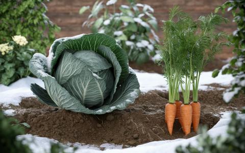 A cabbage and carrots growing in a Winter Garden AI image.