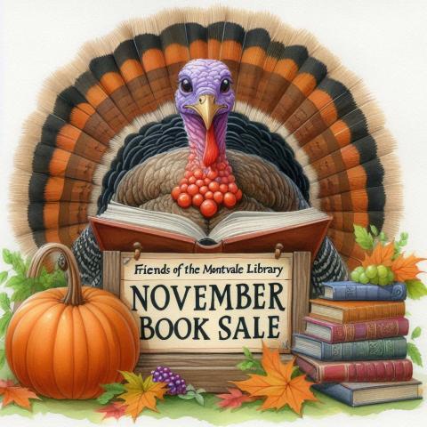 A beautiful watercolor painting of a turkey reading a book with a wooden sign that says Friends of the Montvale Library November Book Sale