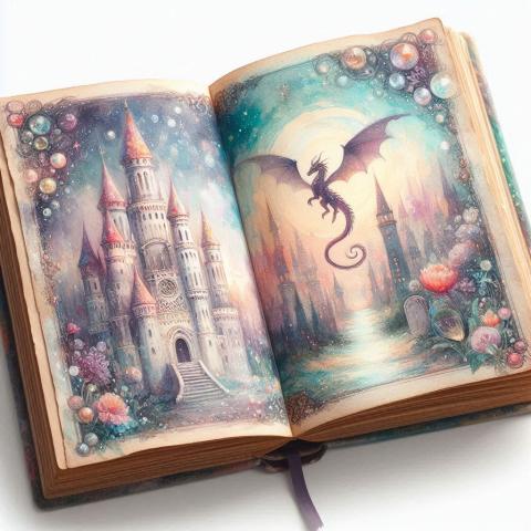 A magical, whimsical fairytale book painted in watercolor. The book is open to a page with a beautiful illustration of a castle and a dragon. The colors are soft and muted, with a dreamy quality to them.  AI generated.