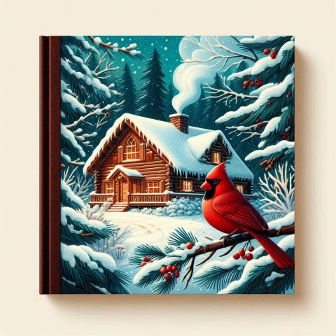 AI illustration of a book cover with a winter scene including a log cabin, snow, and a cardinal.