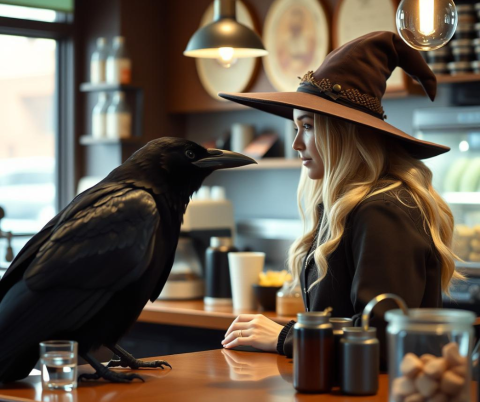 AI generated photo of A Raven talking to a blonde witch behind the counter at an average looking coffee shop