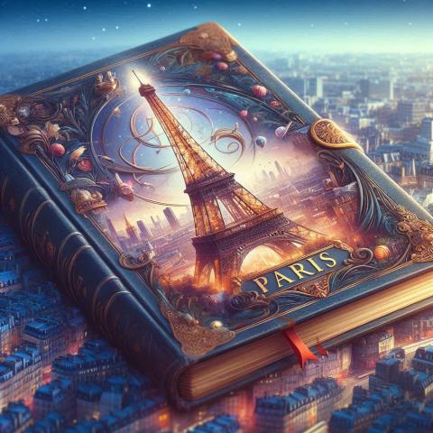 AI image of a book with the word Paris and the Eiffel Tower on the cover hovering above the city.