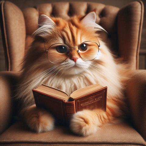 AI image of a cat wearing glasses sitting in a chair reading a book.