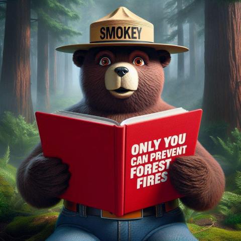 Smokey the bear reading a book called Only You Can Prevent Forest Fires (AI generated)