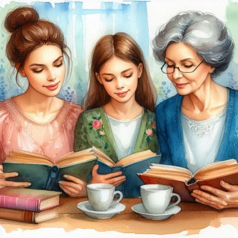 AI illustration - 3 generations of women reading books.