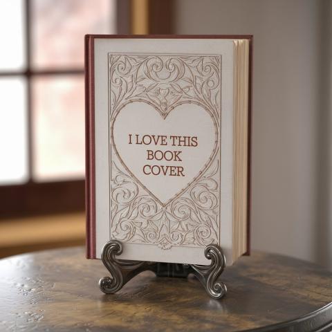 AI generated realistic photograph of a beautiful book with the words I Love This Book Cover and a Fancy Art Deco Heart on the front set on a book stand