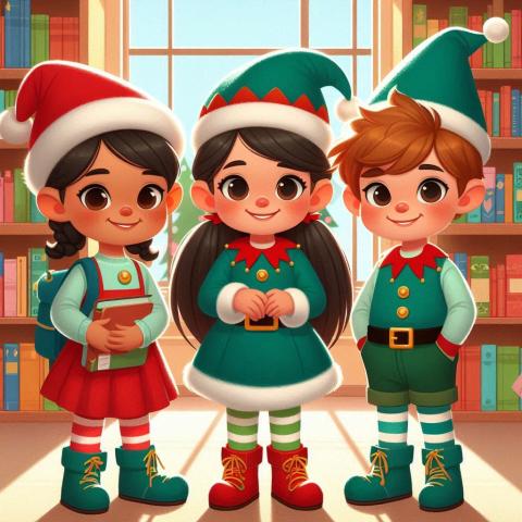 AI illustration of 3 kids dressed up as elves.