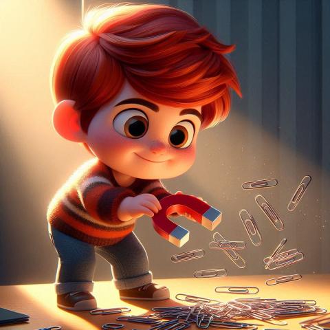 Pixar style AI illustration of a young  preschool age boy with a determined look on her face is using a magnet to pick up paperclips scattered on a desk. The lighting is bright and cheerful, with a warm color scheme that makes the boys red hair stand out. The paperclips are shiny and metallic, and the boy is wearing jeans and a fall sweater. The overall mood is playful and imaginative, with a touch of magic in the way the boy is using the magnet to collect the paperclips.