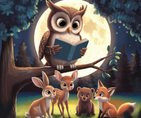 AI illustration of an owl perched on a tree branch, reading a book to a young rabbit, a fawn, a bear cub, and a young fox.