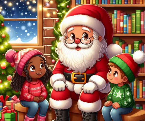 Cute AI cartoon of Santa sitting in a cozy, small public library listening to the Christmas lists of a young girl and boy.