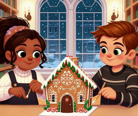 Ai illustration of children decorating a gingerbread house