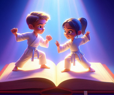 Disney style AI animation of a seven-year-old boy and girl practicing martial arts inside a book. The lighting is bright and the color scheme is mostly blue and purple. The book is open and the pages are glowing with a soft light. The children are wearing white martial arts uniforms with white belts. Both children are in a defensive pose.