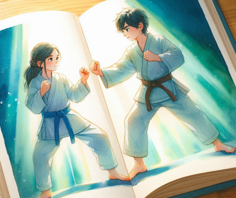 Watercolor illustration of a 12-year-old boy and girl practicing martial arts inside a book. The lighting is bright and the colors are vibrant, with a focus on the blue and green hues.  AI generated.