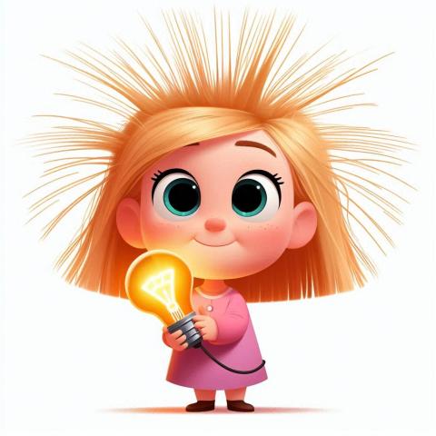 AI generated Pixar style illustration of a preschool age blonde girl with her hair sticking straight up in the air.  She is holding a light bulb in her hands.