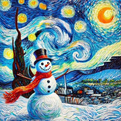 Painting of a snowman in a Starry Night style painting