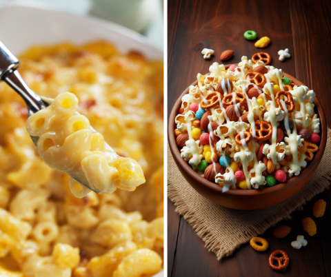 Side by side pictures of baked mac and cheese and white chocolate snack mix.