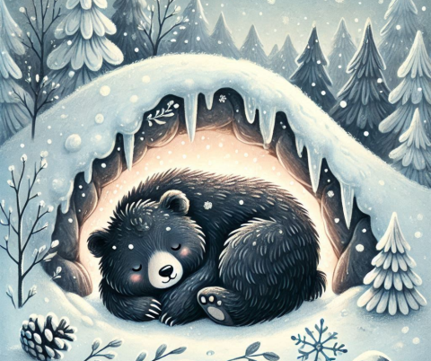 A heartwarming illustration of a fluffy black bear curled up and hibernating in a cozy cave during winter. The cave is nestled in a snowy landscape, with icicles hanging from the entrance and a soft glow emanating from within. The bear looks peaceful and content, surrounded by a few scattered pinecones and leaves, with a gentle snowfall outside.