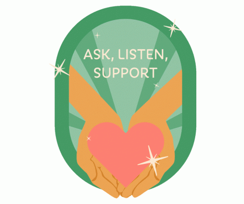 Ask, Listen, Support written above hands holding a heart.