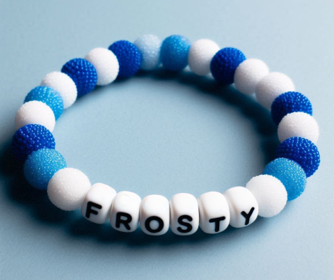 Bracelet with blue and white beads and beads spelling out FROSTY