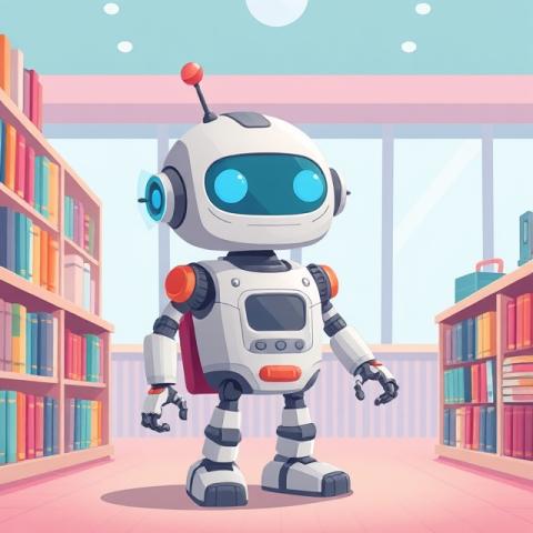 Cute AI illustration of a robot in a library.