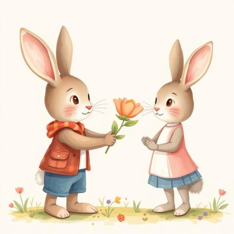 Cute AI illustration of a boy rabbit handing a girl rabbit a flower.