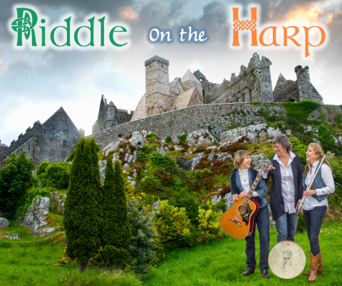 Photo of Riddle on the Harp superimposed over a photo of Irish castle/countryside and the words Riddle on the Harp above it.