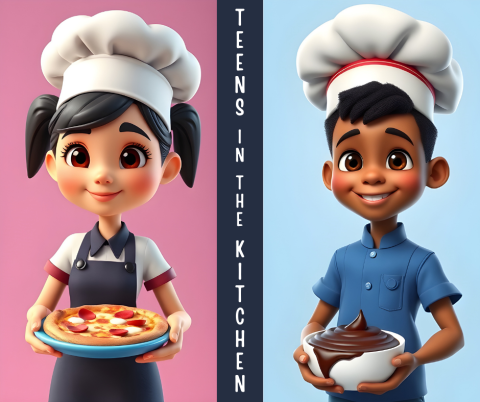 AI characters of two teens holding food.