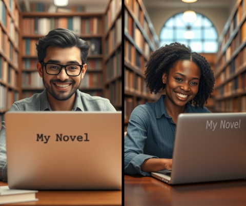 AI generated side by side images of a man and a women sitting at laptops that say My Novel on the back inside a library.