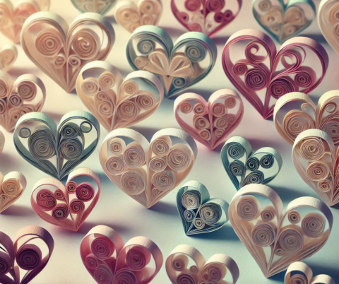 AI generated image of quilled paper hearts.