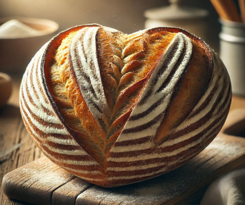 A hyper-realistic photograph of a heart-shaped loaf of sourdough bread, with a golden-brown crust, intricate scoring patterns on the surface, and a light dusting of flour. The bread is placed on a rustic wooden cutting board, with a warm, natural light illuminating the scene, highlighting the texture and details of the bread. In the background, there are subtle hints of a cozy kitchen setting, with a soft focus on various baking tools and ingredients.  AI generated.